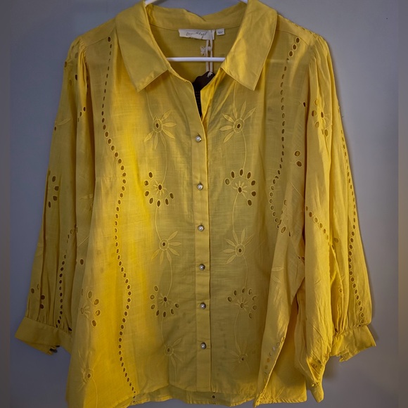 NWT Antropologie  For Ever that Girl yellow embroidered button down shirt XL - Picture 4 of 6